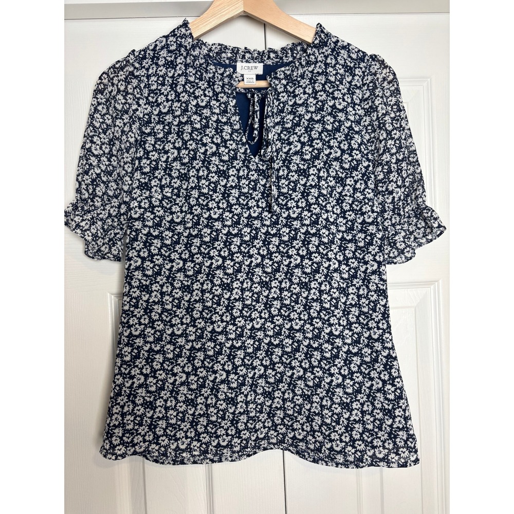 J.Crew Factory Navy White Daisy Floral Ruffle Neck Tie Blouse XXS